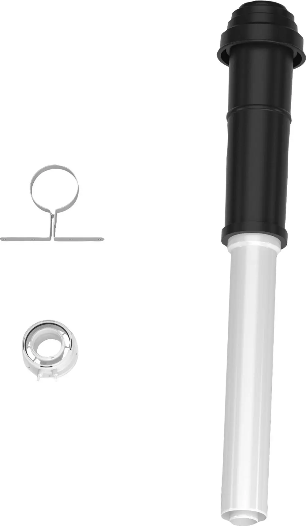 Schwarzes Abgaszubehör-Set mit einem langen Rohr, einer Halterung und einem Anschluss. Teile von Bosch, geeignet für Abgasanlagen.